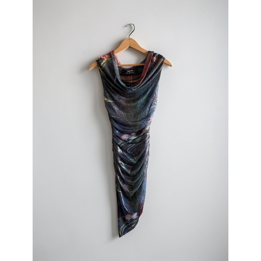 Silence + Noise Multicolor Floral Ruched Mesh Cowl Neck Midi Dress XS